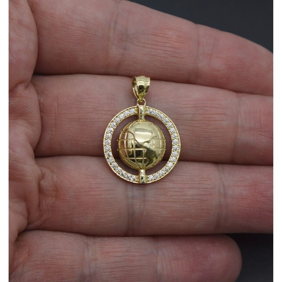 Real 10K Solid Yellow Gold 28.5mm World Charm Textured CZ Pendant 2.9 grams - Picture 2 of 6
